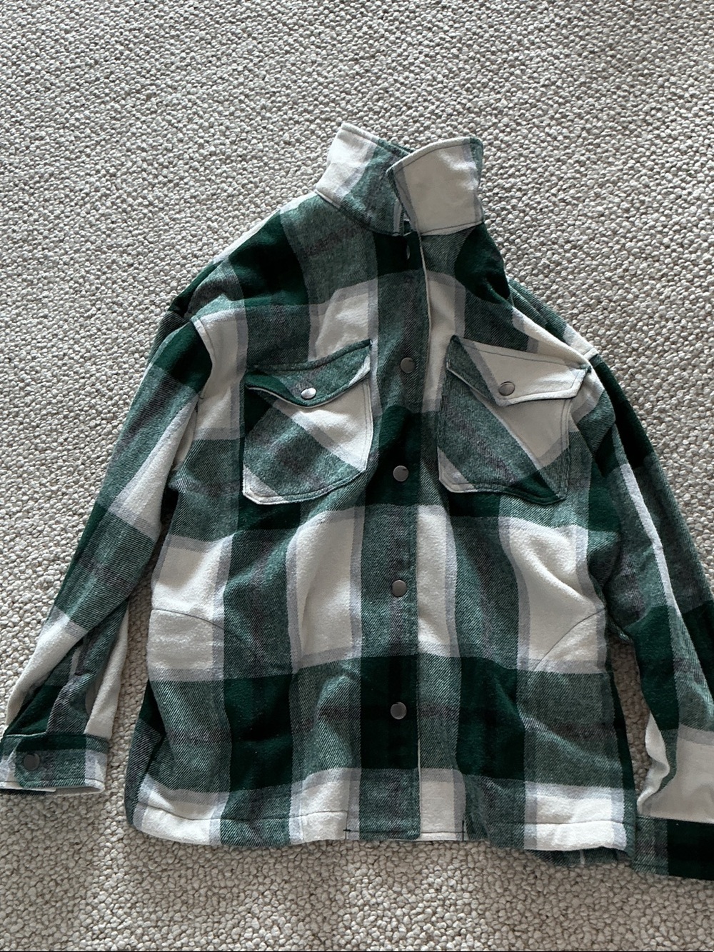 Green and White Plaid Button-Down Shirt Jacket